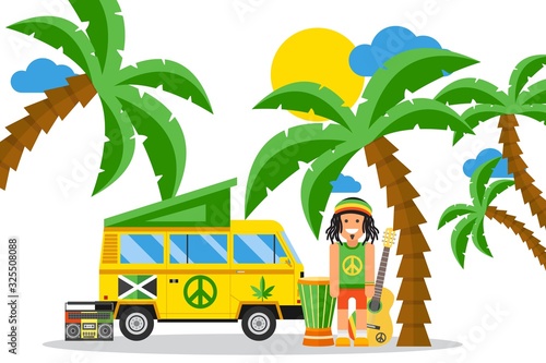 Rastafarian cartoon character on Jamaica, hippie van and musical instruments, vector illustration. Simple flat style scene, summer leisure on tropical island, Jamaican culture and reggae music