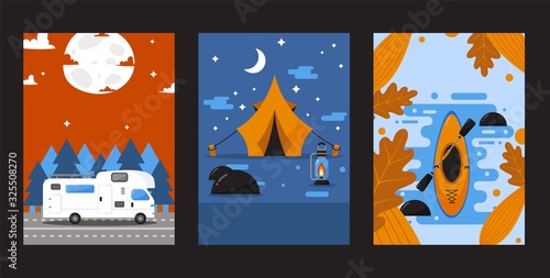 Banners with camping van, tent and kayak, outdoor adventure booklet, vector illustration. Travel brochure cover in flat style, active leisure in nature, camping trip. Outdoor equipment store banner