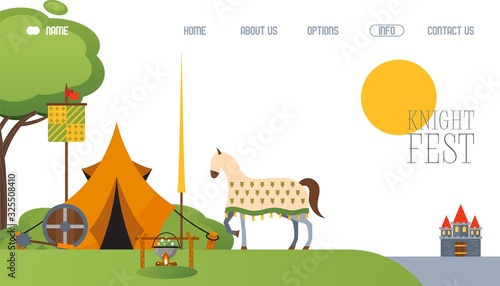Medieval festival camp website, tent and horse at middle ages campsite, vector illustration. Tournament event entertainment, medieval culture festival, landing page template. Middle ages weapons