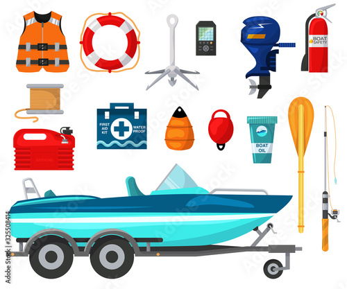 Motorboat equip vector illustration for outdoor water activity. Boat with motor and equipment for fishing leisure. Speedboat isolated platform for boat transporting with yachting tools. photo