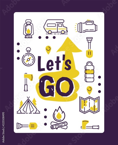 Camping icons isolated on motivational typographic poster, vector illustration. Set of travel icons, camping van, map, compass, tent and campfire. Inspirational card, outdoor equipment store booklet