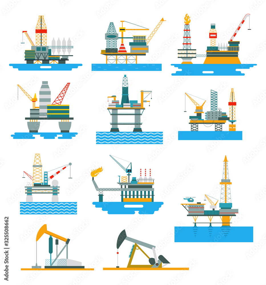 Oil rigs fuel industry platform vector illustration. Set of offshore and land exploration and boring of mineral oil. Drilling and pumping industrial equipment for technological process of gasoline Oil rigs fuel industry platform vector illustration. Set of offshore and land exploration and boring of mineral oil. Drilling and pumping industrial equipment for technological process of gasoline