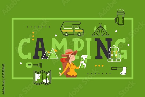 Camping typography poster, brochure cover of outdoor equipment store, vector illustration. Campground booklet card, woman cartoon character tourist with map. Campsite symbols and icons, travel poster