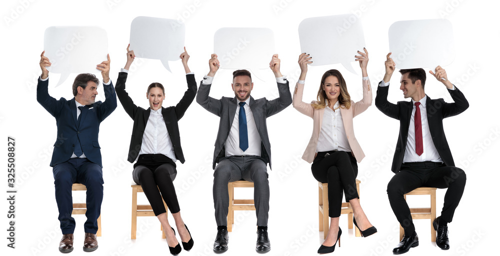 Fototapeta premium 5 happy businessmen holding empty speech bubble above their heads