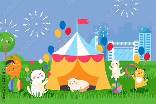 Circus cats in marquee tent  cute animals cartoon characters  vector illustration. Funny kittens performing circus stunts  juggling and riding unicycle. Fairground in city  festival tent with cute cat