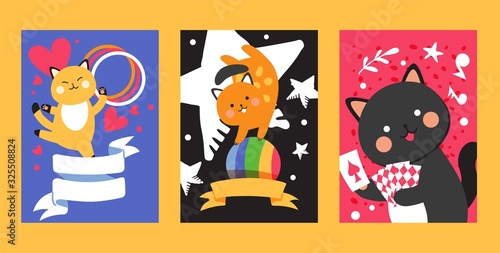 Circus cat banner, cute kitten pet, trained animal cartoon character, vector illustration. Funny cards with cats in flat style, circus animal performing stunts and tricks. Fairground invitation banner