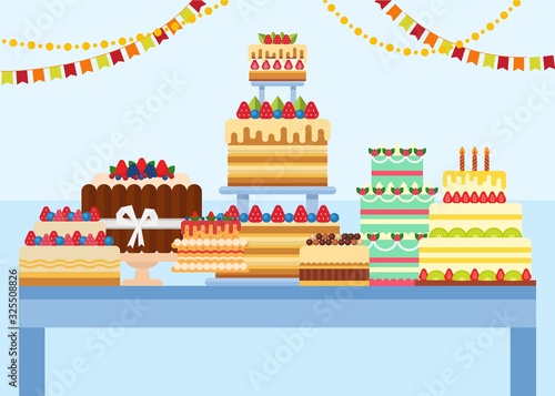 Table with cakes on it vector illustration. Delicious pastries desserts cakes festive decorated with berries, fruits, cream, candles, ribbon. Confectionery, cafe, sweets shop, bakery.
