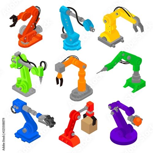 Robot arm isometric vector robotic machine technology. Illustration industrial set of manufacturing equipment at factory. Engineering automatic hand tech isolated on white.