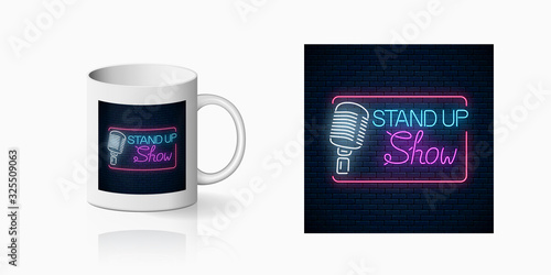 Neon print of stand up show sign with retro microphone on cup mockup. Branding identity design on mug