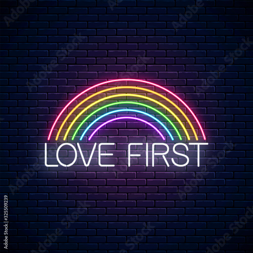 Neon Love first text and LGBT rainbow. Pride sign design template, LGBT logo, design in neon style.