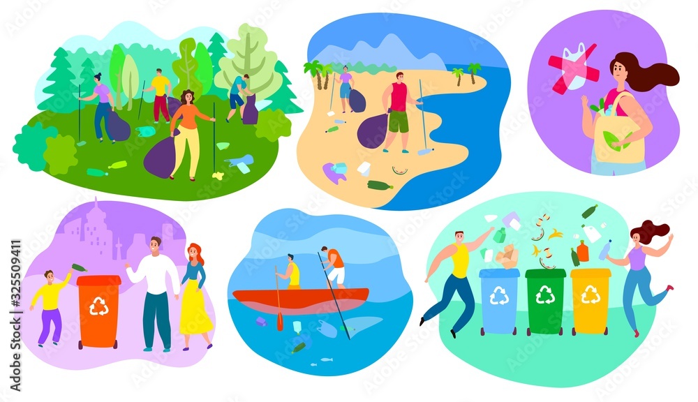 People sorting garbage. Vector illustartion of man,woman cleaning environment park, beach and ocean. Set of characters using containers with sorted waste and rubbish for recycling isolated on white. People sorting garbage. Vector illustartion of man,woman cleaning environment park, beach and ocean. Set of characters using containers with sorted waste and rubbish for recycling isolated on white.