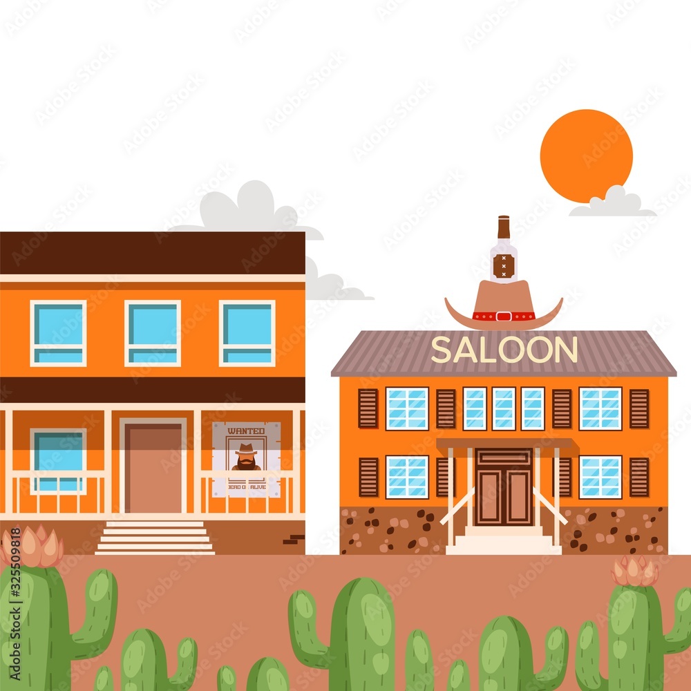 Saloon in western American town, flat style cartoon house, vector illustration. Old bar in wild west, entrance to saloon in Texas, house facade building. Western town empty street, cowboy culture