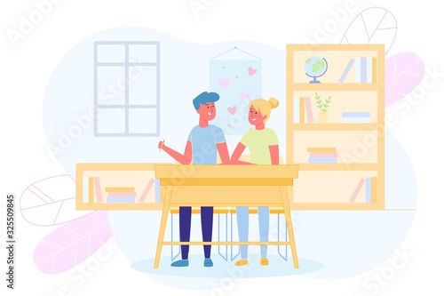 Schoolboys in Love Sit Together at Desk Classroom.