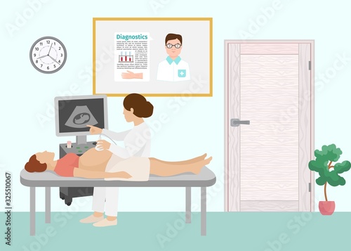 Ultrasound medical examination fetus pregnant woman vector illustration. Female doctor gynecologist and patient with ultrasonic equipment in clinic. Baby embryo on monitor. Pregnancy consultation.