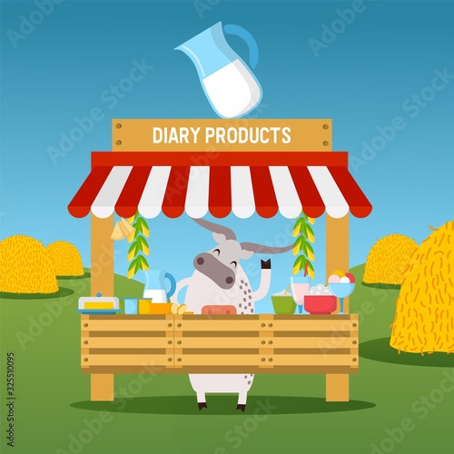 Cow selling dairy products at market stall, healthy organic farm food, vector illustration. Funny cartoon character, local market of farmland products. Fresh milk and dairy, farmer cow mascot on field