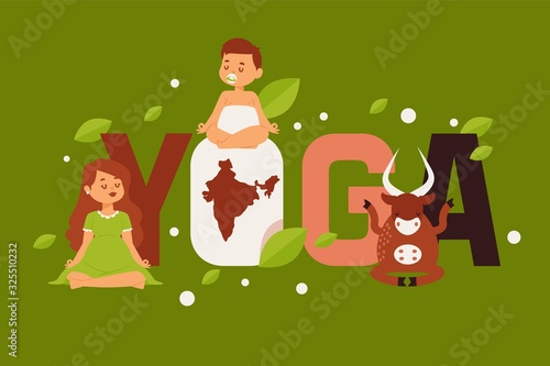 Yoga for everyone, typography poster with people and cow, woman and baby meditating, vector illustration. Pregnancy yoga healthcare and lifestyle program, funny mascot cow. Mother and child meditation