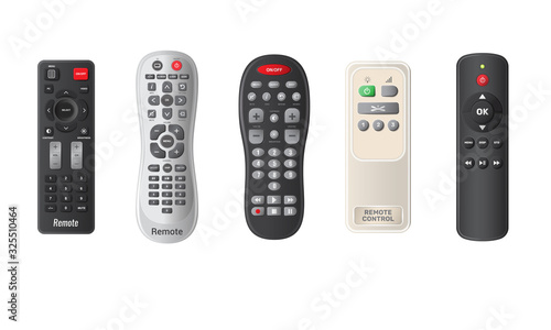 Remote TV controls buttons isolated vector illustration. Wireless power media device to switch channel programmes remotely. Universal plastic controller technology equipment in realistic style. photo