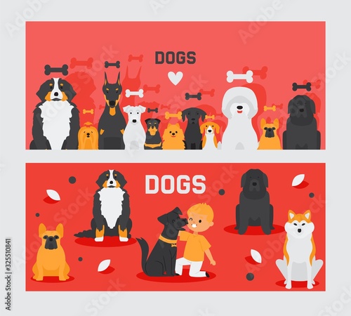 Dog banners, pet and cute boy cartoon characters, animals vector illustration. Booklet cover, pet store brochure, dogs of different breeds. Set of banners for animal shelter, friend for happy kid