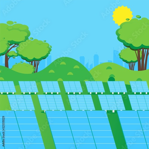 Solar panel station, sustainable power environment, renewable energy of sun, vector illustration. Eco friendly technology of power generator, green electricity. Environment energy source industry