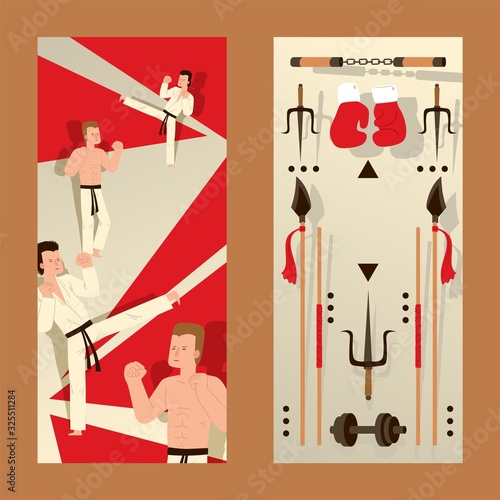 Martial arts vertical banner, karate people, kickboxing man fighter, vector illustration. Cartoon characters and isolated oriental weapons, martial arts training club invitation, karate fighting icon