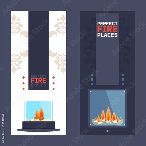 Fireplace vertical banner, modern home decoration shop, luxury interior design store, vector illustration. Electric or gas fireplace for modern house and cozy apartment interior. Luxury lifestyle shop