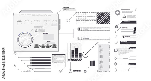 Interface elements HUD, UI, GUI. Vector Callout Titles set.  Futuristic callout bar labels, information call box bars and modern digital info boxes layout templates. Callouts titles in HUD style.