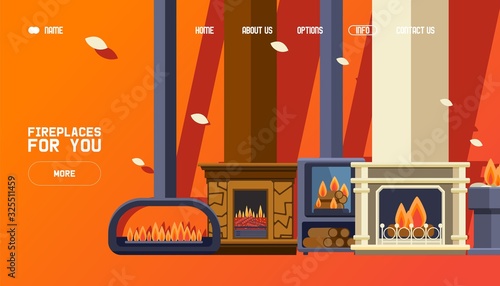 Fireplace shop website, modern home decoration store, luxury interior design, vector illustration. Electric or gas fireplace for modern house and cozy apartment interior. Luxury lifestyle furniture
