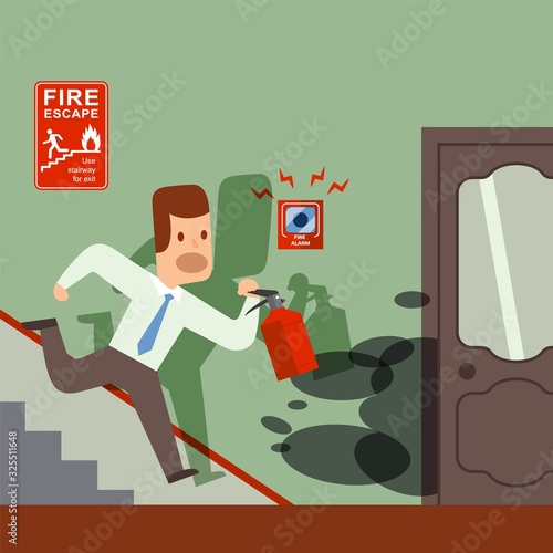Fire in office, man with extinguisher running to help, emergency situation alarm, vector illustration. Cartoon character in simple flat style, businessman hurries downstairs with fire extinguisher