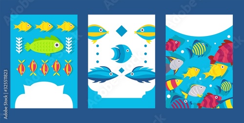 Fish banners in flat style, printable flyer for aquarium store, vector illustration. Set of simple colorful fish in flat cartoon style, funny underwater creatures, aquarium shop campaign booklet cover