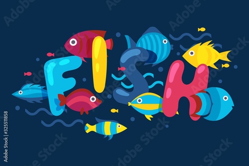 Fish typography poster  booklet cover for aquarium store  underwater zoo invitation  vector illustration. Oceanarium banner in cartoon style  funny underwater fish  ocean world zoo advertising poster