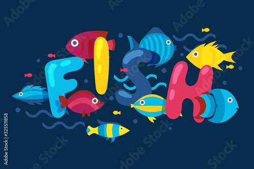 Fish typography poster, booklet cover for aquarium store, underwater zoo invitation, vector illustration. Oceanarium banner in cartoon style, funny underwater fish, ocean world zoo advertising poster