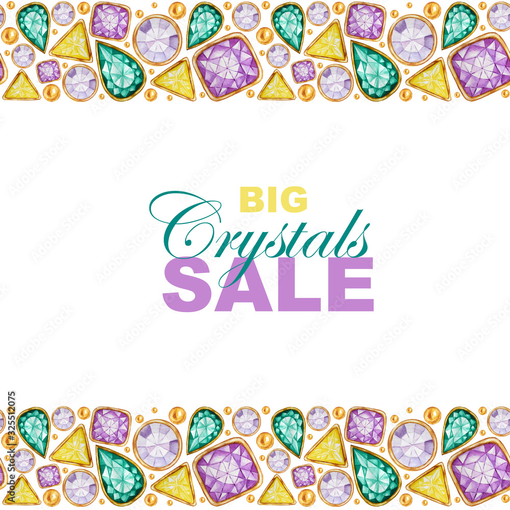 Bright colors Crystals in a gold frame and jewelry beads sale banner, poster concept. Hand drawn watercolor Gemstone diamond.
