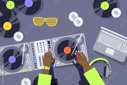 DJ hands on sound mixer console panel, music controller equalizer, vector illustration in flat style. Nightclub party, electronic music festival banner, dj console panel, sound controller equipment