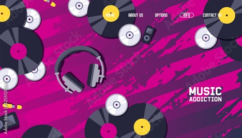 Music website design, vinyl record discs and headphones on abstract background, vector illustration. Modern music festival poster, disco club landing page template. Vinyl record and cd disc collection
