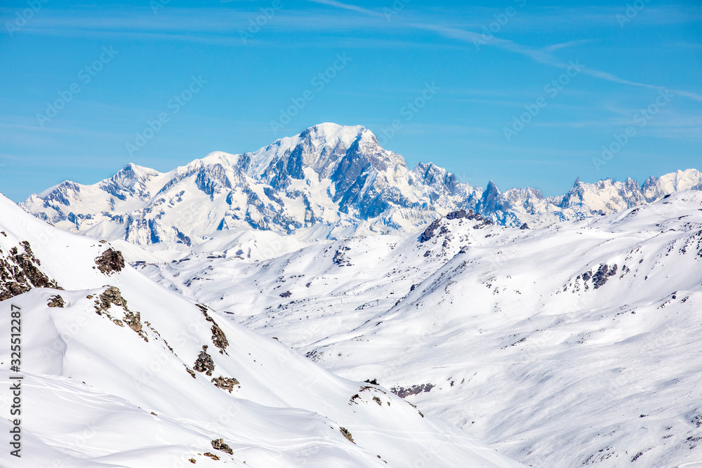 Val Thorens, France - February 21, 2020: Winter Alps landscape from ski resort Val Thorens. Mont Blanc is the highest mountain in the Alps and the highest in Europe