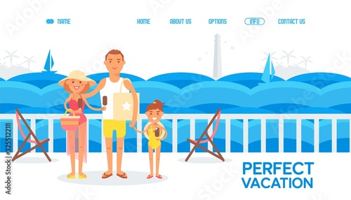 Happy family together on summer vacation cruise trip, people cartoon characters on ship deck, vector illustration. Website design in flat style, summertime cruise, perfect family vacation adventure