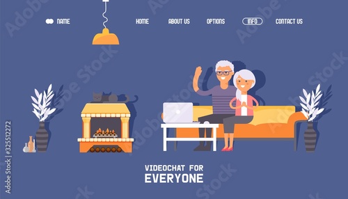 Senior people using laptop, happy elderly couple video chat call, flat style cartoon characters, vector illustration. Cheerful pensioners at home, online connection with family, elderly grandparents