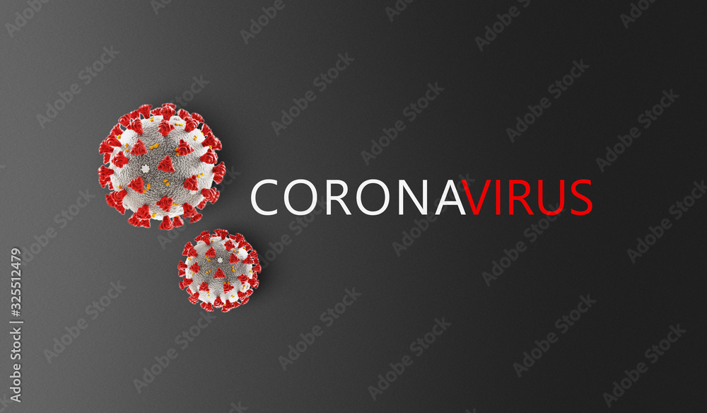 Coronavirus microscopic view. Dangerous asian ncov corona virus, SARS pandemic risk concept with text on grey background. 3d rendering - obrazy, fototapety, plakaty 
