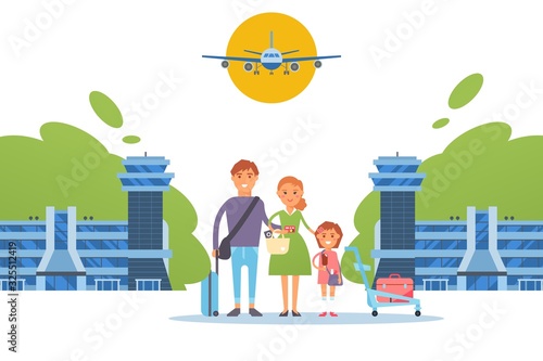 Happy family together at airport, travel people cartoon characters, flat style vector illustration. Parents with kid arrive to international airport terminal, cheerful family on vacation, tourists