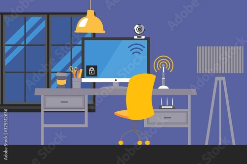Desktop workplace with electronic gadgets and devices, internet connection signal, vector illustration. Modern office workspace tabletop with computer monitor, internet router and camera technologies