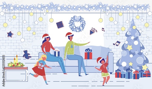 Parents Watch Children Open Xmas Gifts at Morning.