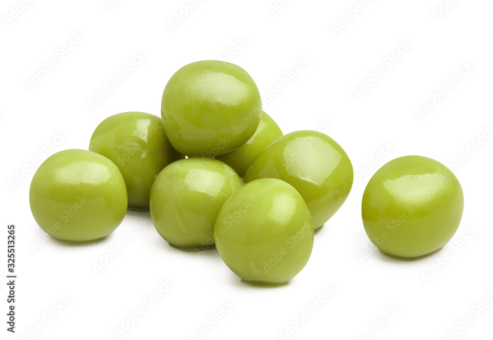 Close-up of green peas, isolated on white background