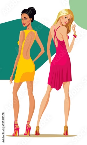 two girls in cocktail drees. vector illustration
