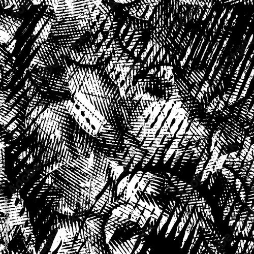 Black and white grunge texture. Abstract splashes of ink. Chaotic paint strokes. Dirty surface. Vector pattern of spots
