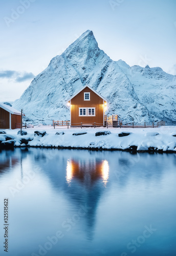 Canvas Print View on the house in the Sarkisoy village, Lofoten Islands, Norway
