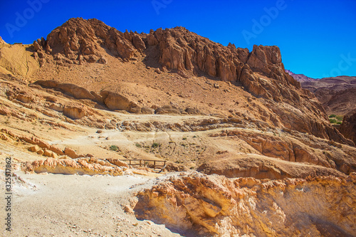 Chebika mountain oasis and beautiful Atlas mountains. The foot of the Djebel el Negueb in western Tunisia