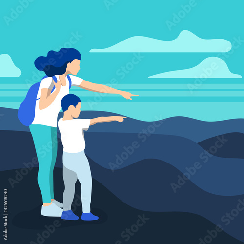 Stock vector mom with little son on top of mountain pointing forward against mountain ranges and sky