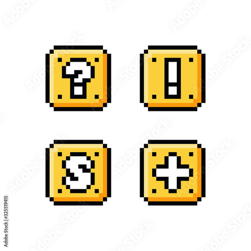Pixel art 8 bit icon set - yellow golden box with question mark, exclamation mark, letter S and plus sign - isolated vector illustration, game sprite asset