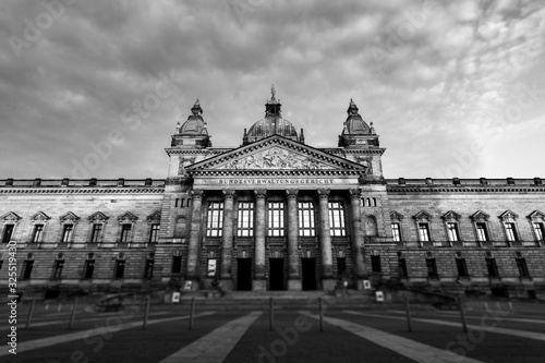 Black and  white capture of the federal court building at the city of Leipzig.  In the time of the GDR, the Bundesverwaltungsgericht was the Georgi Dimitroff Museum. photo