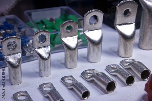 Obraz na płótnie Steel machinery components with holes. Close up.